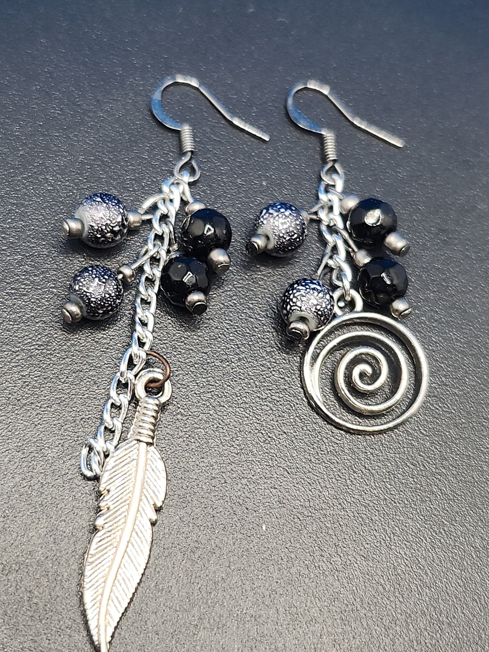 Silver Feather & Spiral Dangle Earrings with Black Beads